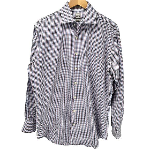 Peter Millar Shirt Mens 16.5 Button Up Long Nanoluxe Plaid Blue Pink White - Picture 1 of 8